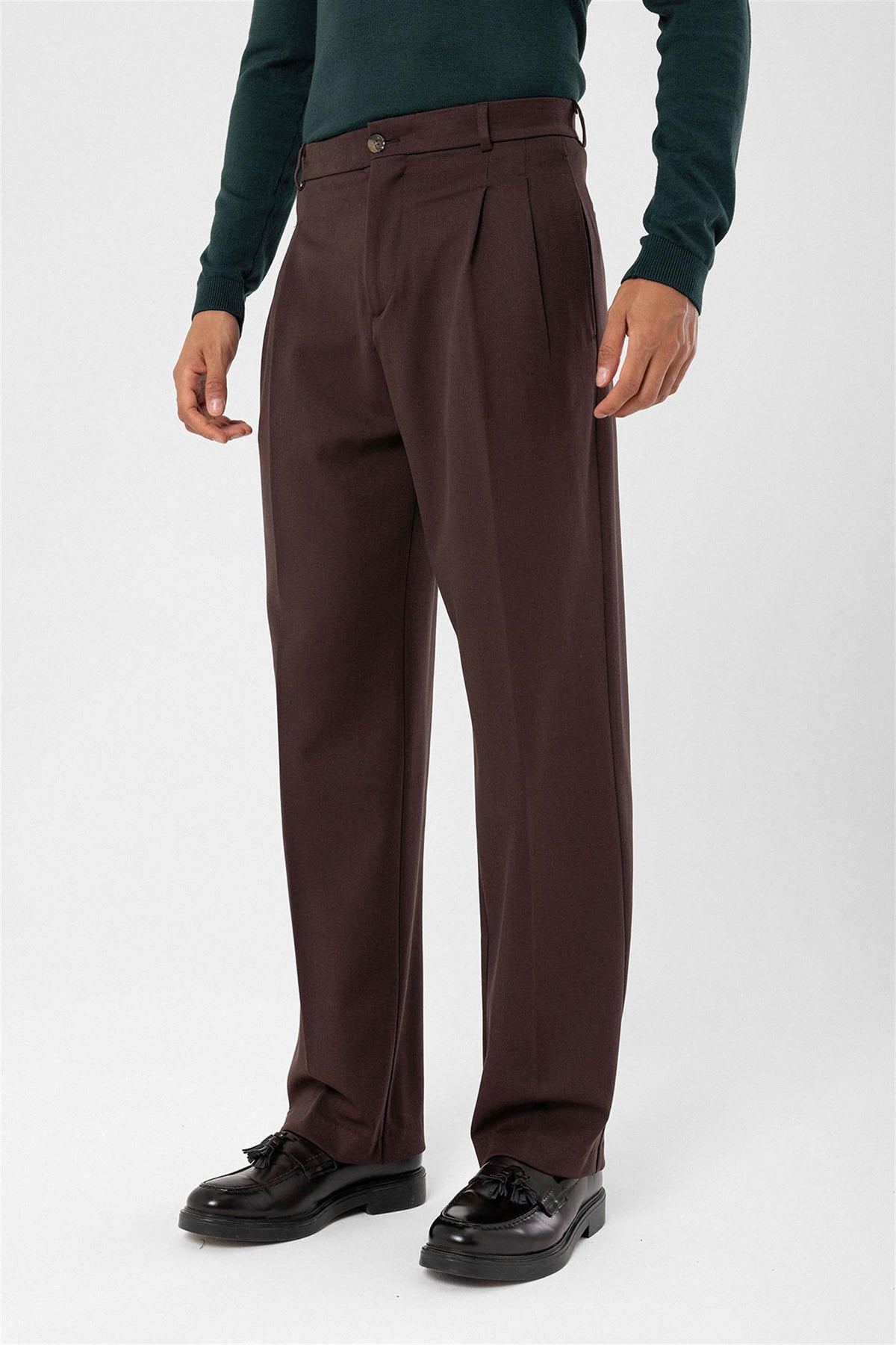 Antioch-Kahve Yüksek Bel Pileli Rahat Kalıp Erkek Pantolon-Pantolon-1-roqelvaxirum.shop
