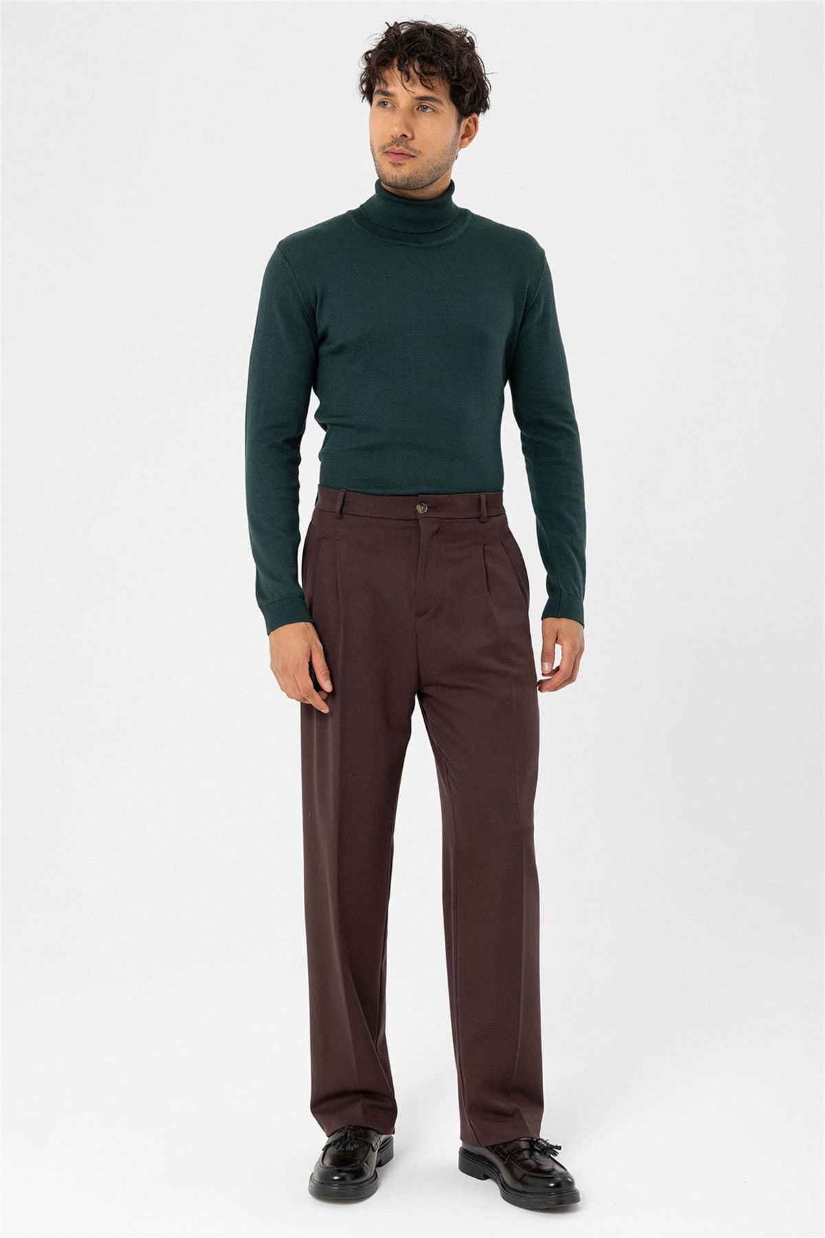 Antioch-Kahve Yüksek Bel Pileli Rahat Kalıp Erkek Pantolon-Pantolon-3-roqelvaxirum.shop