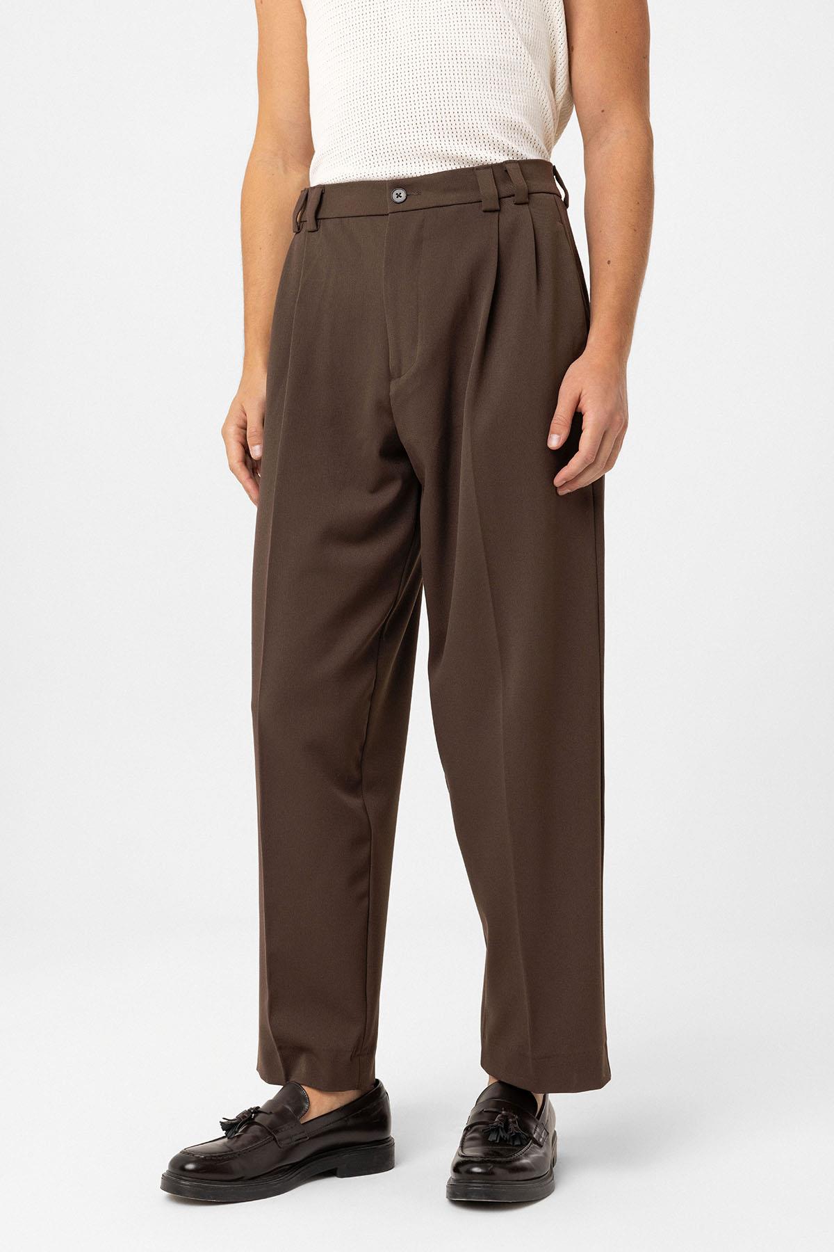 Antioch-Kahve Yüksel Bel Relax Fit Pileli Erkek Pantolon-Kumaş Pantolon-3-roqelvaxirum.shop