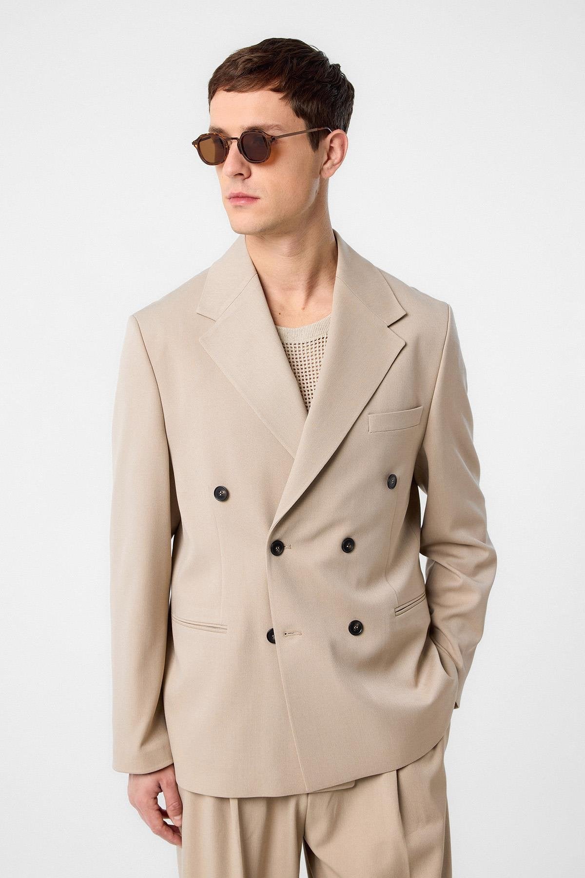Antioch-Koyu Bej Relax Fit Kruvaze Erkek Blazer Ceket-Blazer Ceket-1-roqelvaxirum.shop