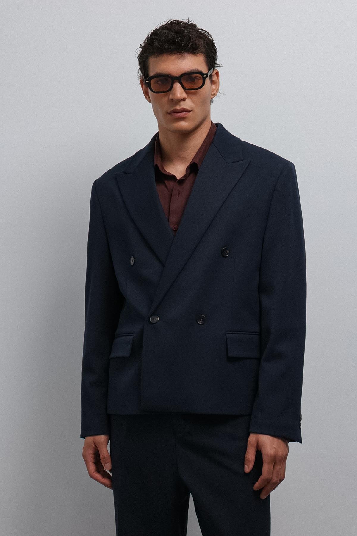 Antioch-Lacivert Kruvaze Relax Crop Fit Blazer Ceket-Blazer Ceket-1-roqelvaxirum.shop