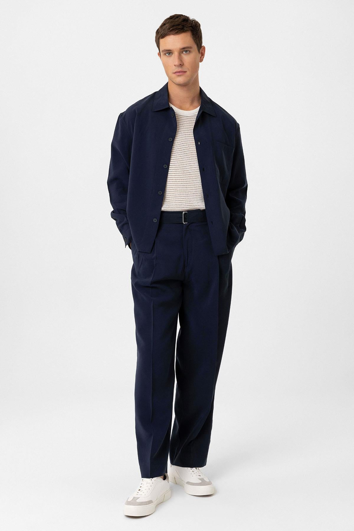 Antioch-Lacivert Modal Kumaş Relax Fit Kemerli Erkek Pantolon-Kumaş Pantolon-2-roqelvaxirum.shop