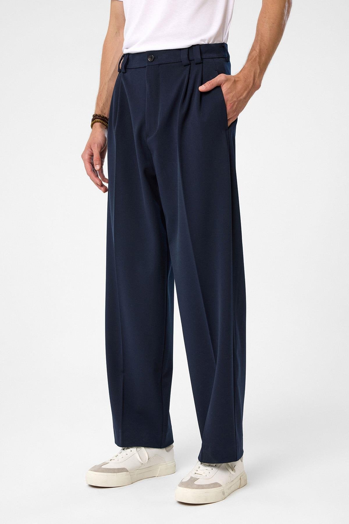 Antioch-Lacivert Yüksel Bel Relax Fit Pileli Erkek Pantolon-Kumaş Pantolon-1-roqelvaxirum.shop