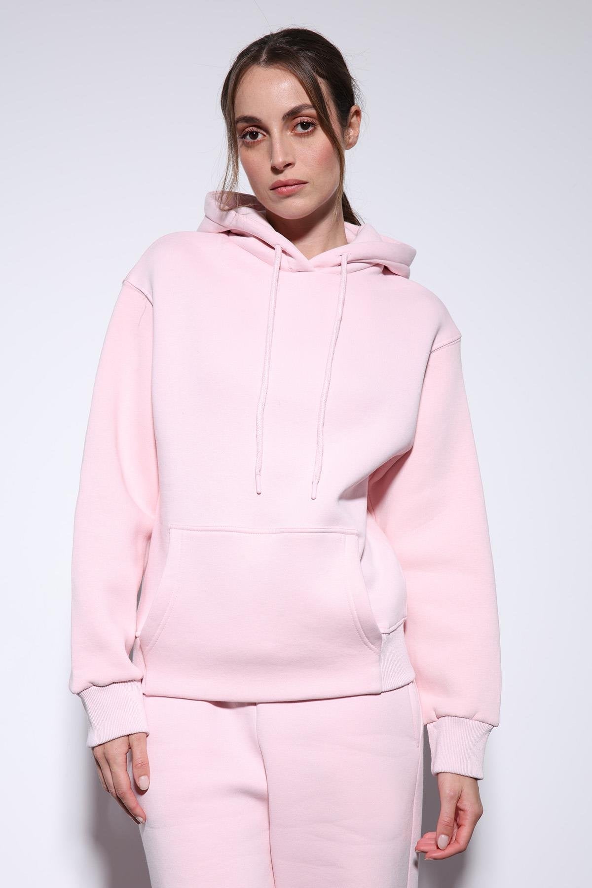 Antioch-Pembe Kapüşonlu Basic Kadın Sweatshirt-Sweatshirt-3-roqelvaxirum.shop