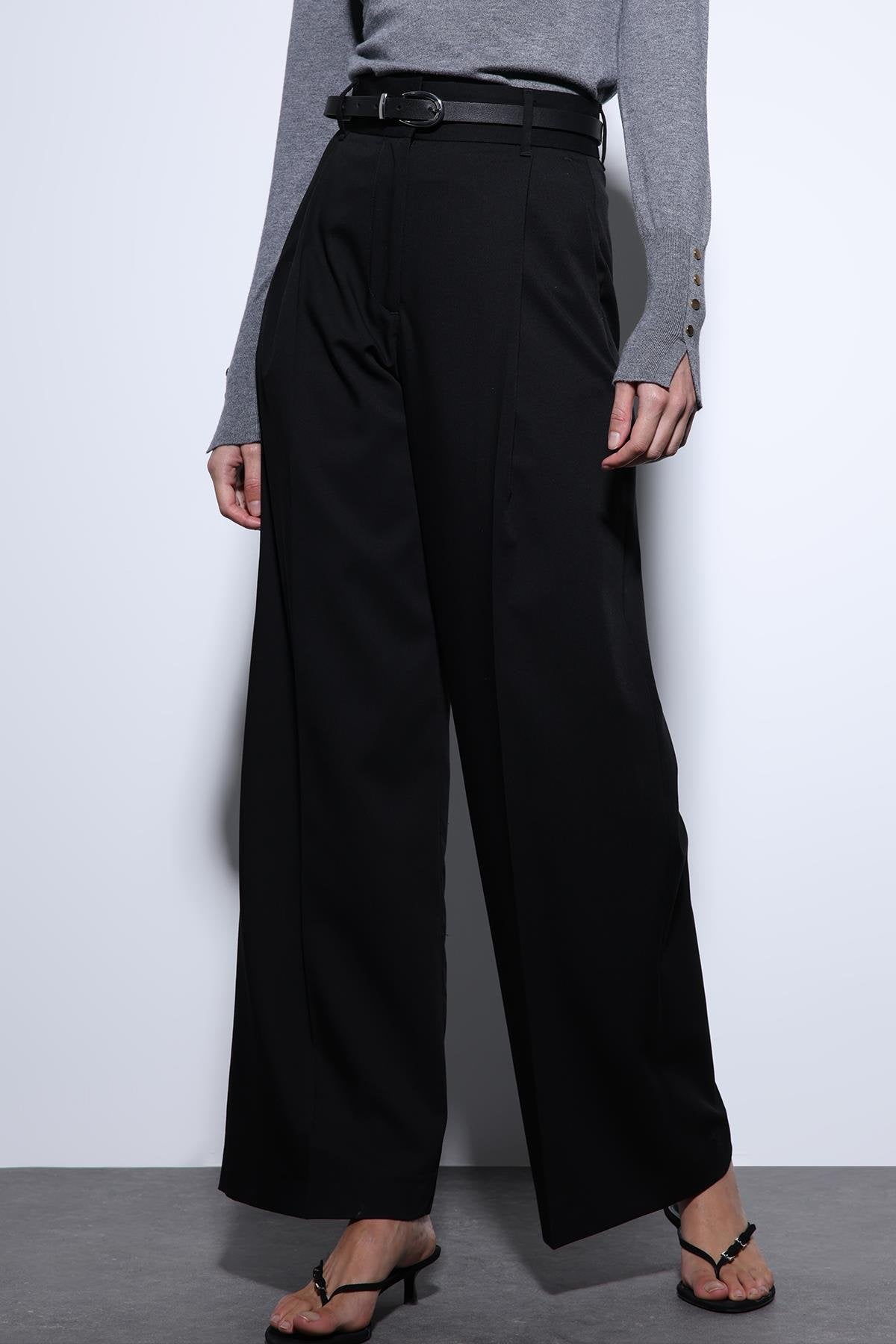 Antioch-Antioch Siyah Geniş Paça Kadın Pantolon-Kumaş Pantolon-3-roqelvaxirum.shop
