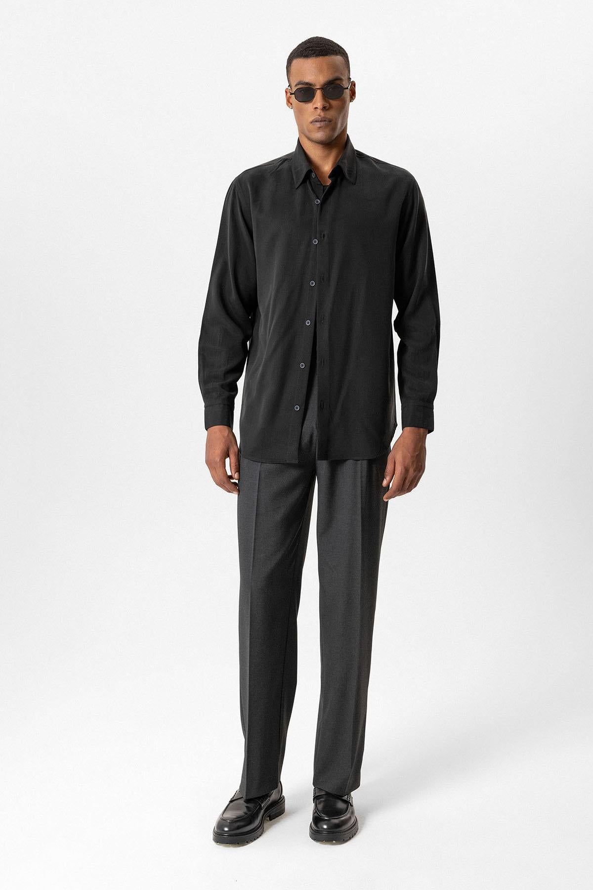Antioch-Siyah Teknik Tencel Kumaş Erkek Gömlek-Gömlek-3-roqelvaxirum.shop