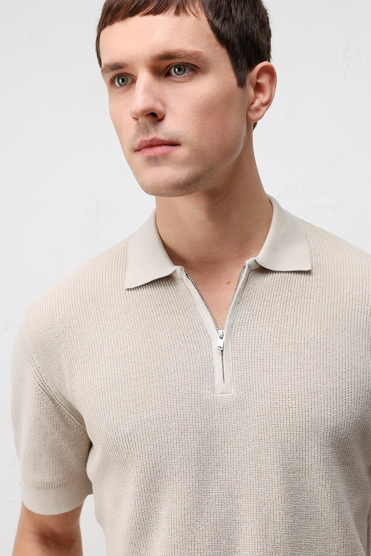 Antioch Taş Comfort Slim Fermuarlı Erkek Triko T-Shirt