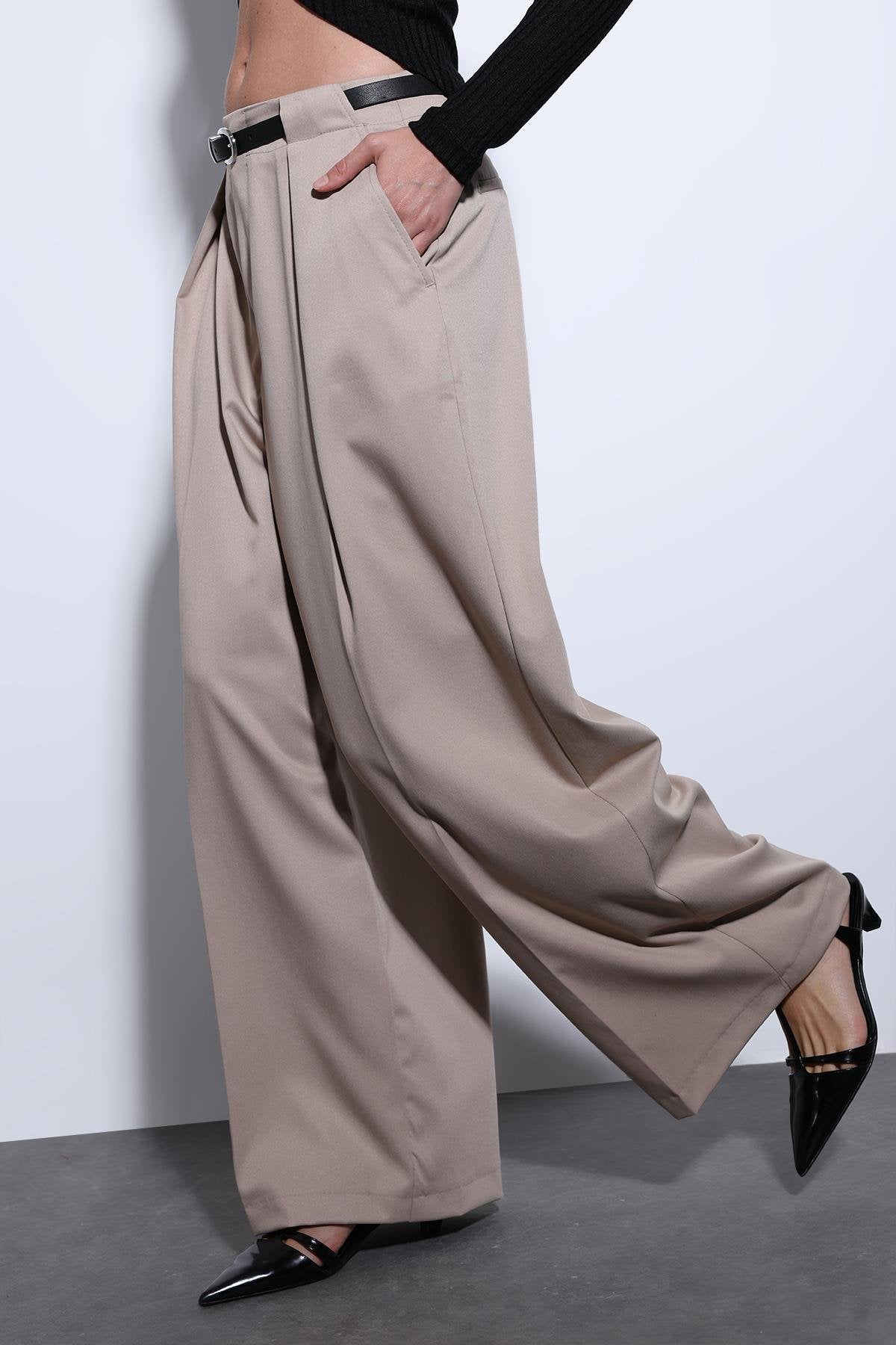 Antioch-Antioch Taş Pileli Geniş Kadın Pantolon-Kumaş Pantolon-1-roqelvaxirum.shop