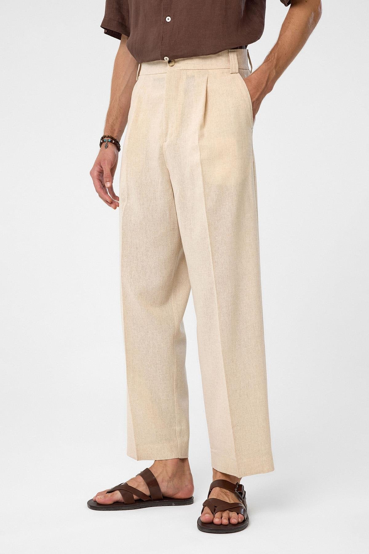 Antioch-Taş Yüksek Bel Pileli Relax Fit Erkek Pantolon-Kumaş Pantolon-4-roqelvaxirum.shop