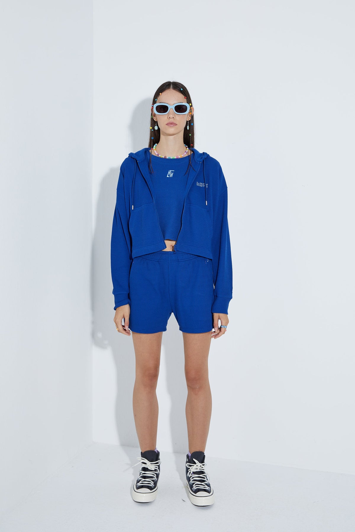 Waffle Fermuarlı Sweatshirt - Mavi