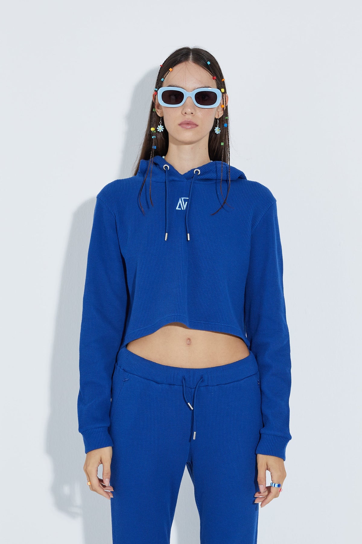 Waffle Kapüşonlu Sweatshirt - Mavi