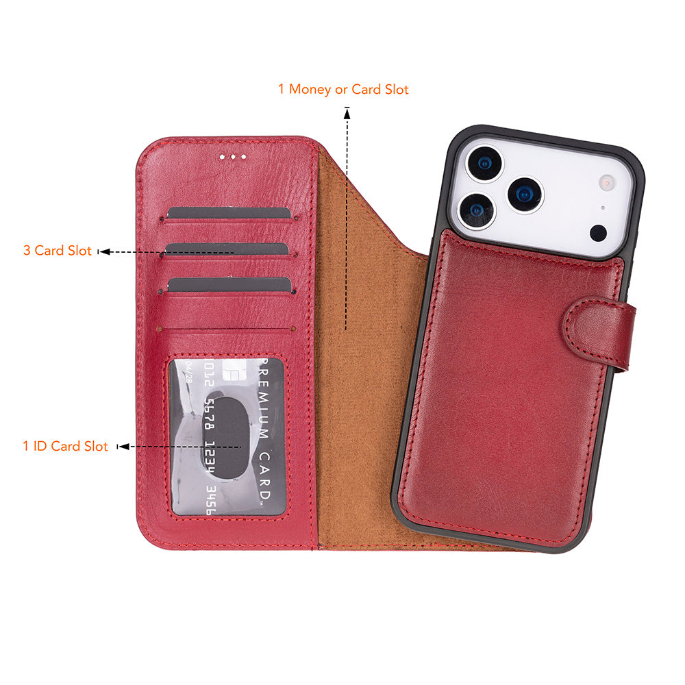 Bloominbag-Bloom Case Magic Wallet Crimson Red Apple I Phone 17 Pro (6.3") Hakiki Deri çıkarılabilir Cüzdanlı Telefon Kılıfı-3-roqelvaxirum.shop