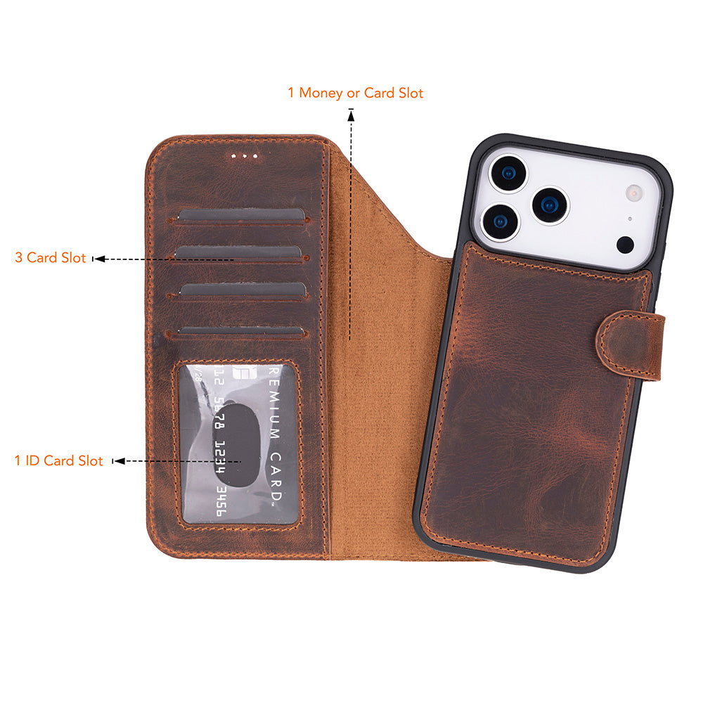 Bloominbag-Bloom Case Magic Wallet Saddle Brown Apple I Phone 17 Pro (6.3") Hakiki Deri çıkarılabilir Cüzdanlı Telefon Kılıfı-3-roqelvaxirum.shop