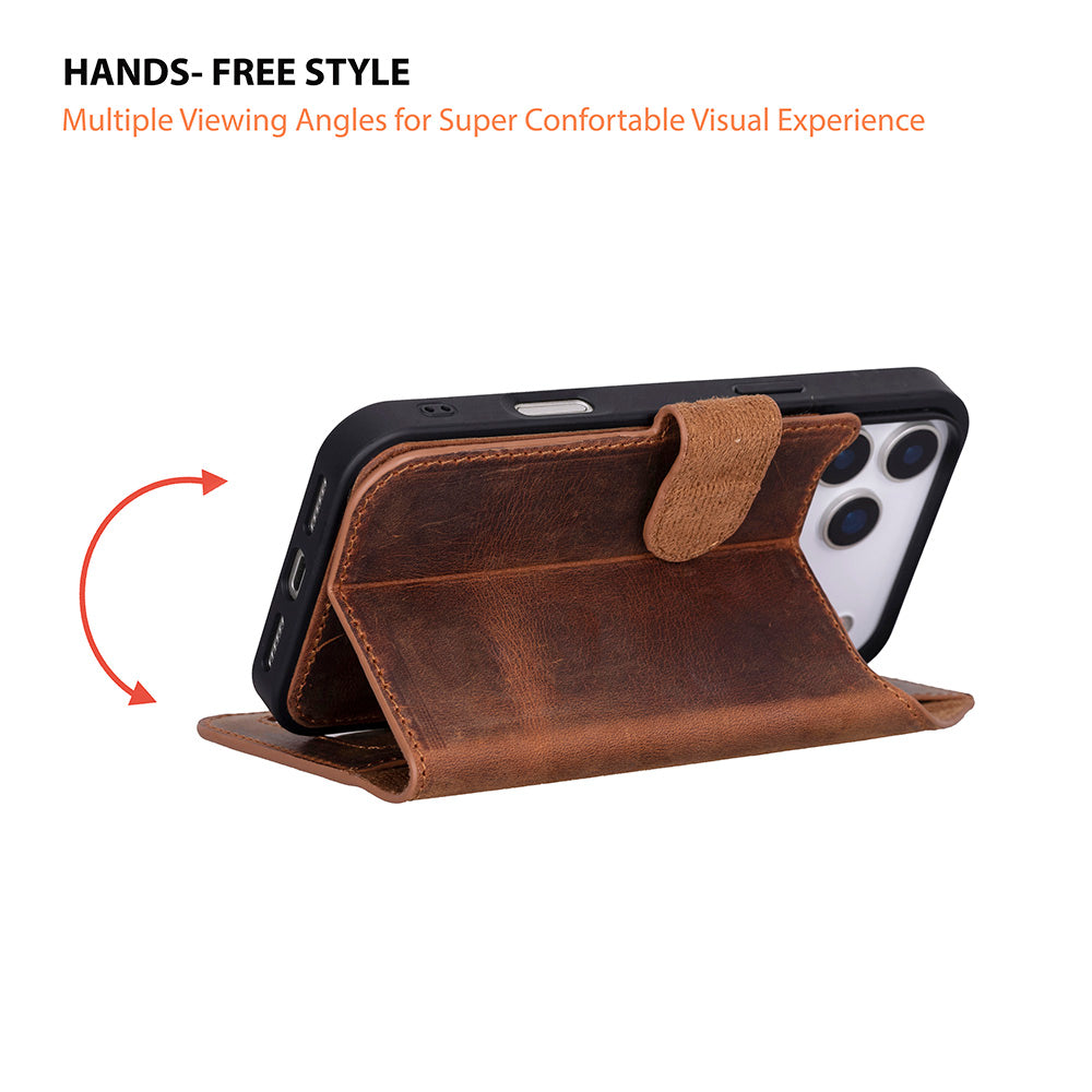 Bloominbag-Bloom Case Magic Wallet Saddle Brown Apple I Phone 17 Pro (6.3") Hakiki Deri çıkarılabilir Cüzdanlı Telefon Kılıfı-4-roqelvaxirum.shop