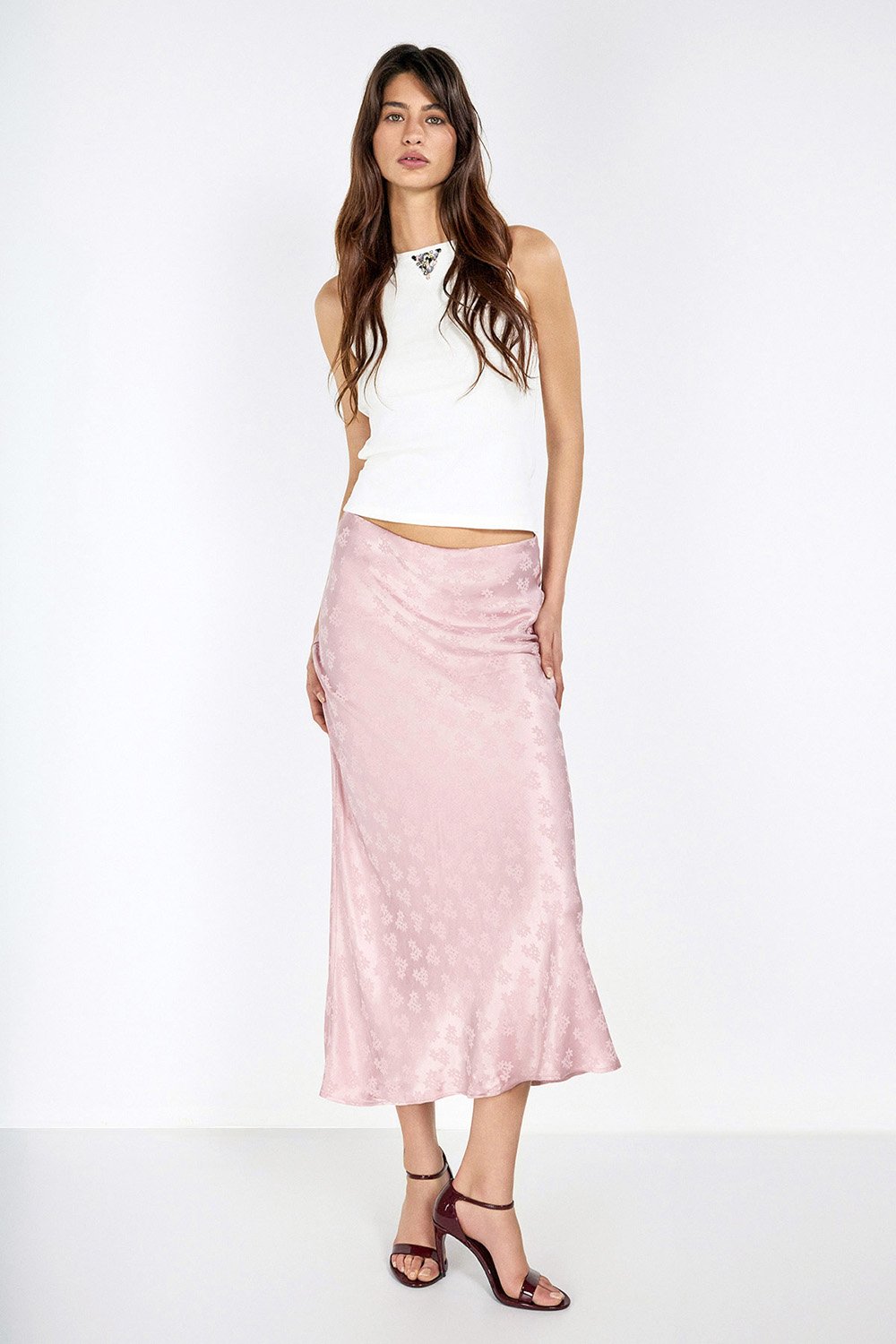 Boneqa Barcelona-Jakarlı Pembe Midi Etek-Etek-1-roqelvaxirum.shop