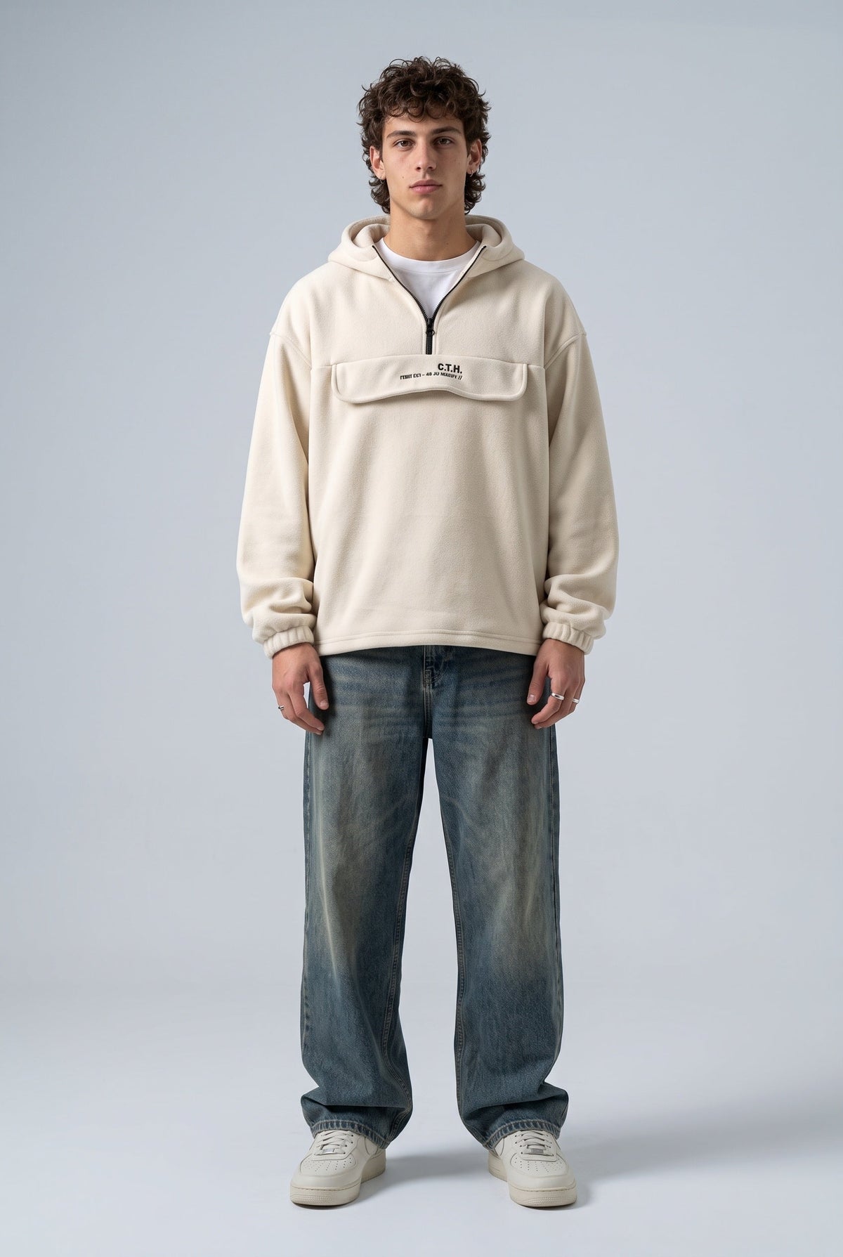 Yarım Fermuarlı Kapüşonlu Polar Sweatshirt
