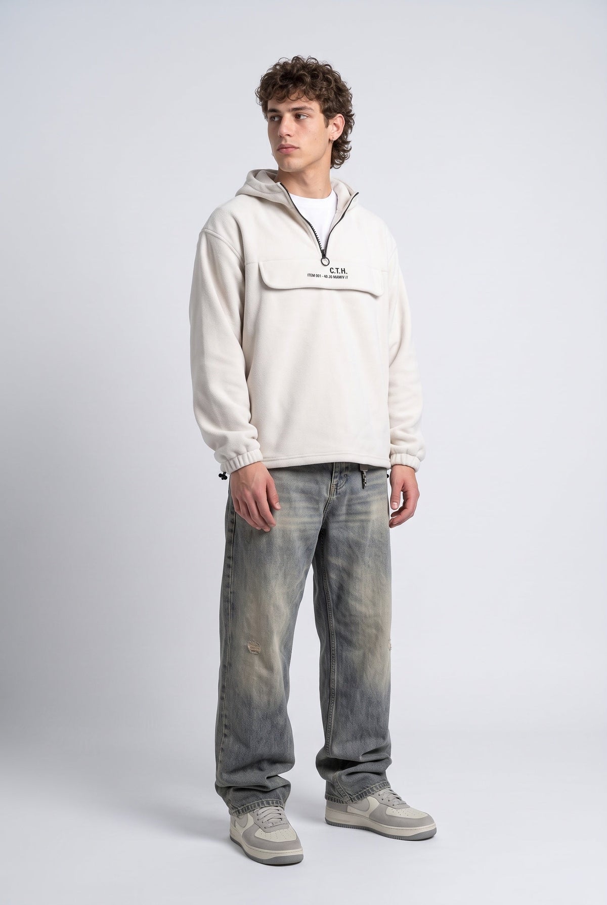 Yarım Fermuarlı Kapüşonlu Polar Sweatshirt