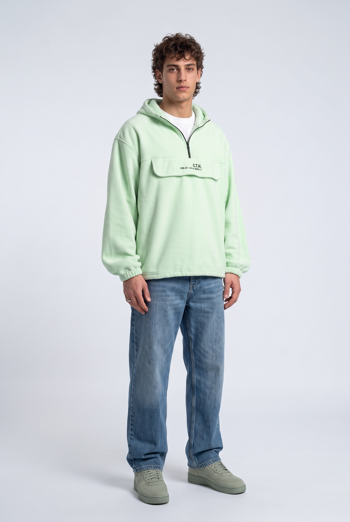 Yarım Fermuarlı Kapüşonlu Polar Sweatshirt, Yeşil - 1
