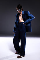 Death Is Easy-Navy Blue Woolen Pleated Trousers-Kumaş Pantolon-1-roqelvaxirum.shop