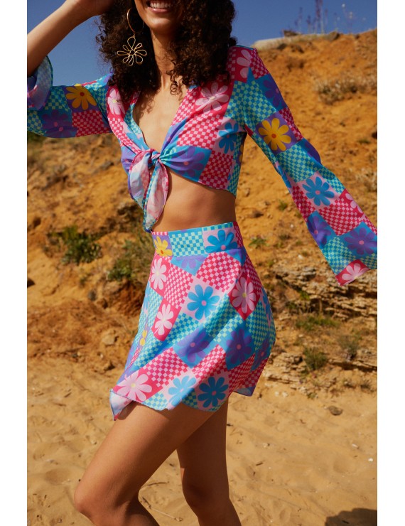 Declara-Flowered Checkered Skirt-3-roqelvaxirum.shop