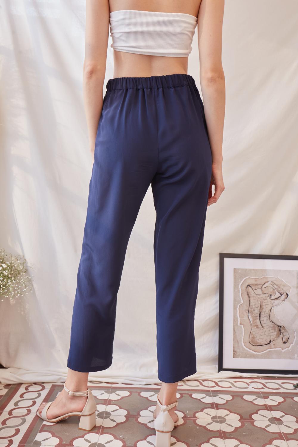 Delicate-Lacivert İpek Pantolon-Kumaş Pantolon-3-roqelvaxirum.shop