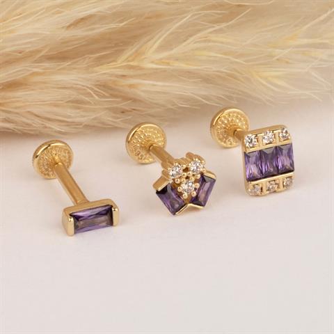 Dianora Piercing-14 Ayar Altın Mor Baget Taşlı Minimal Tragus Piercing-Tragus Piercing-5-roqelvaxirum.shop