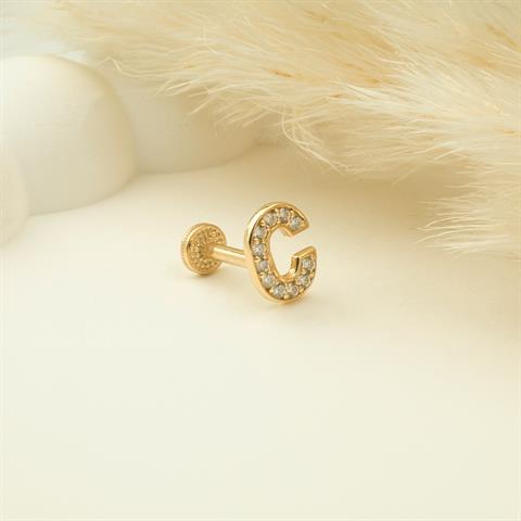 Dianora Piercing-14 Ayar Altın Taşlı Düz C Harfi Tragus Piercing-Tragus Piercing-5-roqelvaxirum.shop