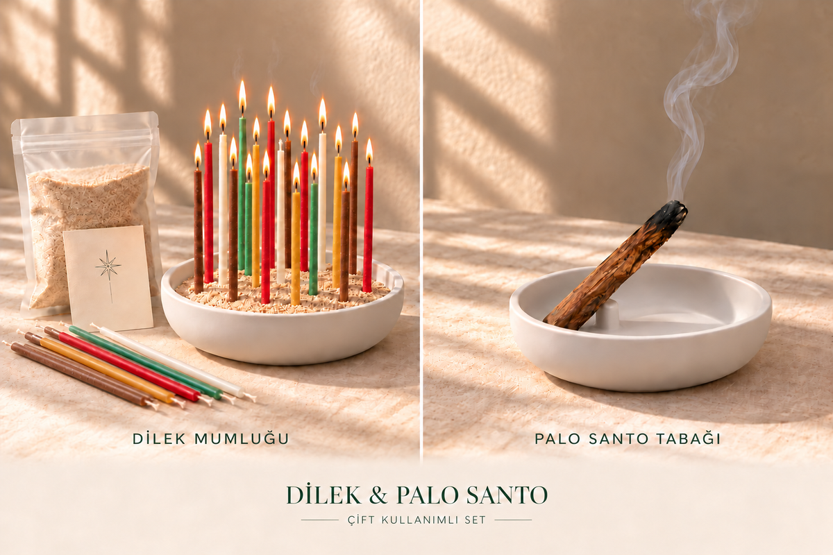 Dilek & Palo Santo Hediye Seti – 20 Mum Ve Çift Kullanımlı Tabak