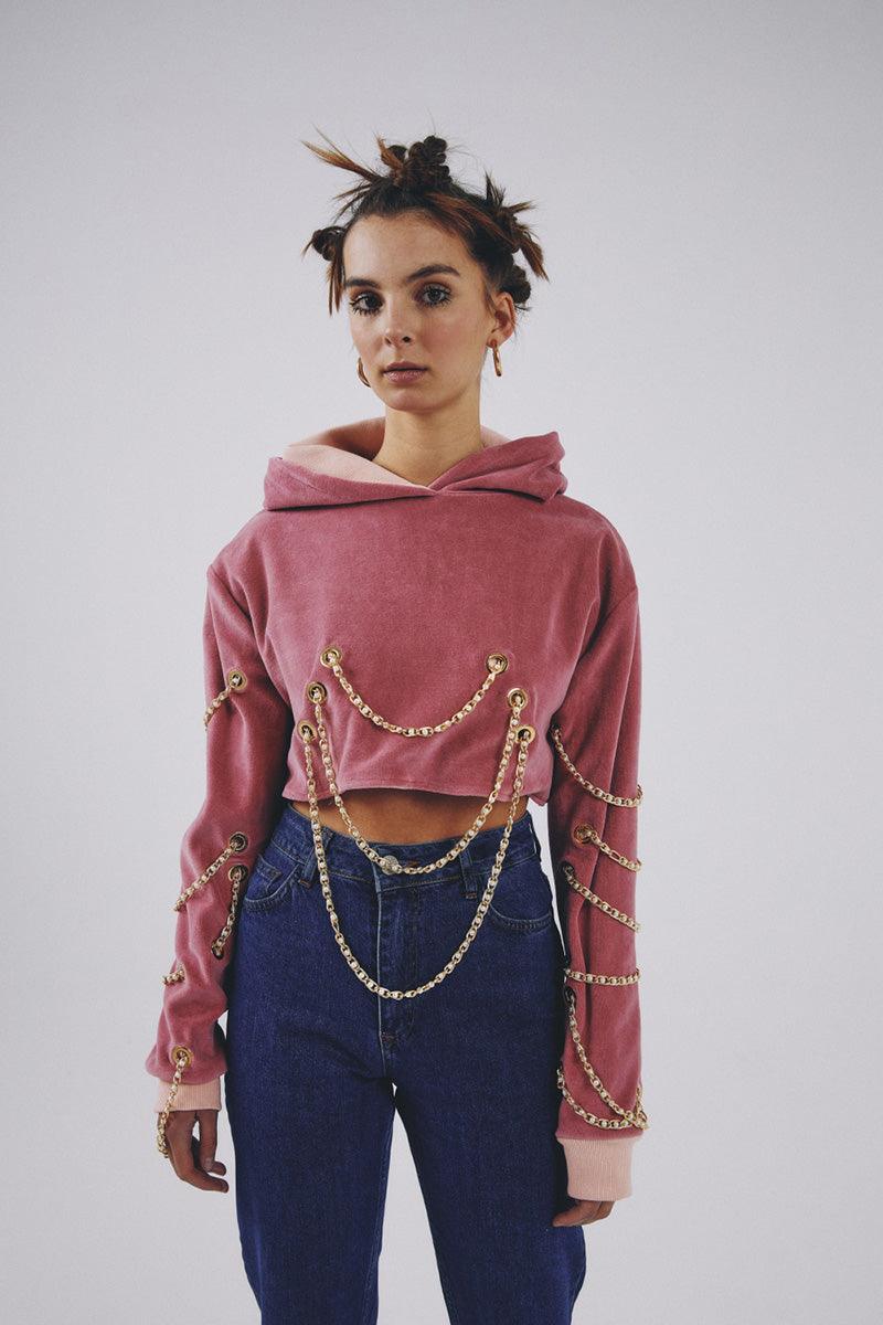 Eudoimonia-Chain Kadife Pembe Hoodie-Sweatshirts & Hoodies-1-roqelvaxirum.shop
