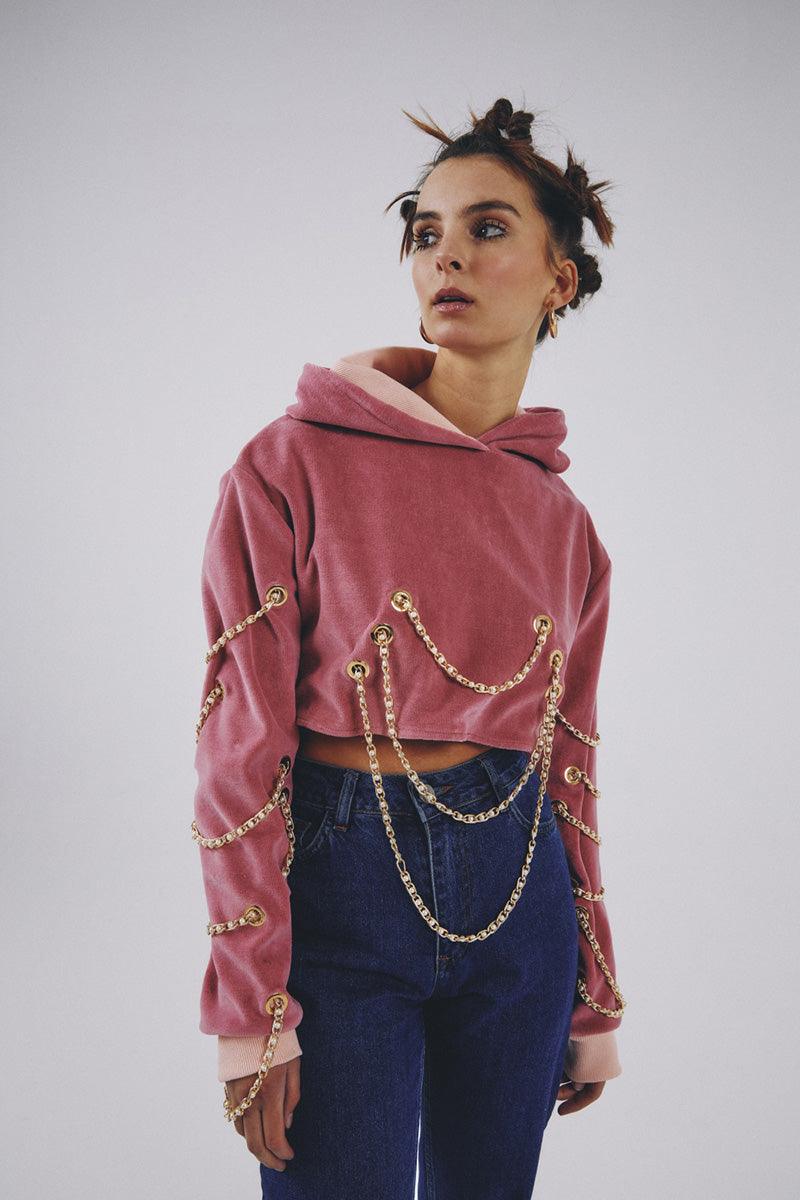 Eudoimonia-Chain Kadife Pembe Hoodie-Sweatshirts & Hoodies-5-roqelvaxirum.shop