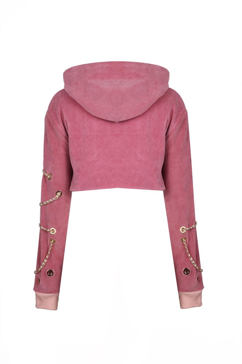 Eudoimonia-Chain Kadife Pembe Hoodie-Sweatshirts & Hoodies-6-roqelvaxirum.shop