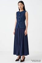 Denim Garnili Fermuarlı Regular Midi Mavi Elbise