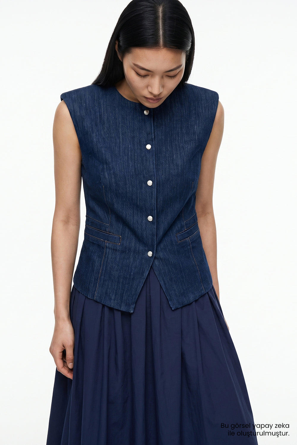Denim Garnili Fermuarlı Regular Midi Mavi Elbise