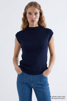 Exquise-Dik Yaka Kolsuz Regular Triko Bluz – Laci̇vert-Bluz-1-roqelvaxirum.shop
