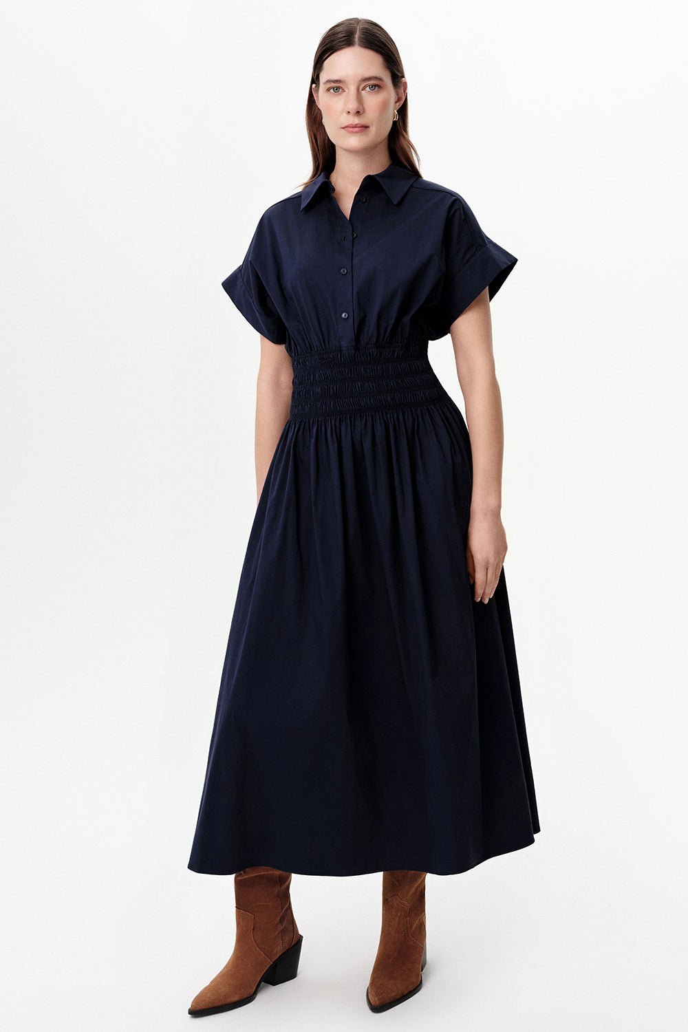 Exquise-Düşük Kol Düğmeli Beli Lastikli Regular Midi Lacivert Elbise-Elbise-1-roqelvaxirum.shop