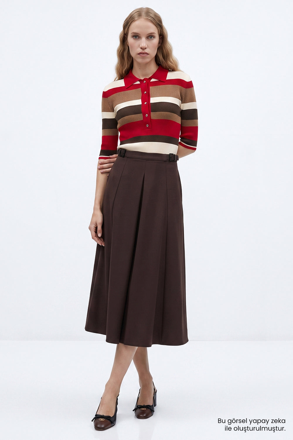 Exquise-Fermuarlı Pilikaşeli Regular Kahverengi Midi Etek-Etek-1-roqelvaxirum.shop