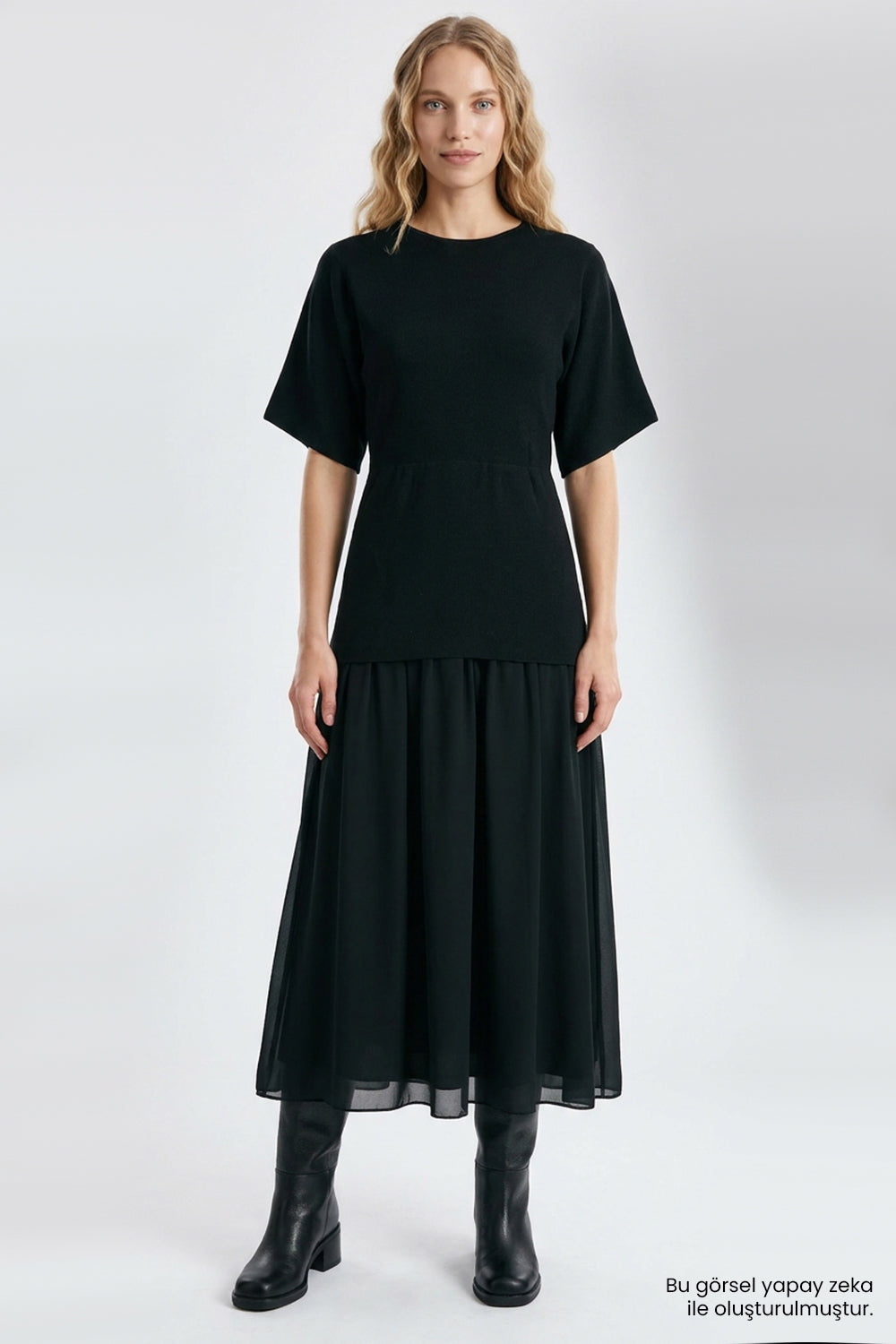 Exquise-Kısa Kollu Eteği Şifon Astarlı Regular Midi Siyah Elbise-Elbise-7-roqelvaxirum.shop