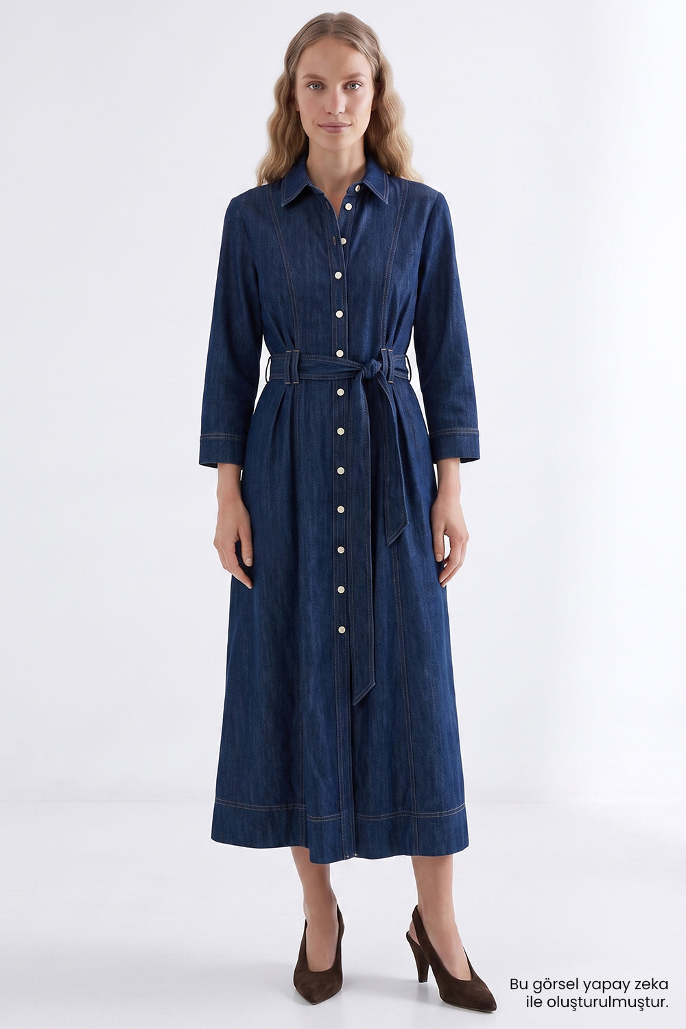 Exquise-Uzun Kollu Kuşaklı Regular Midi Denim Gömlek İNdigo Elbise-Elbise-3-roqelvaxirum.shop