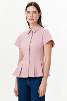Exquise-Düşük Kol Pileli Zikzak Dikişli Slim Fit Pembe Gömlek-Gömlek-1-roqelvaxirum.shop