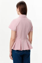 Exquise-Düşük Kol Pileli Zikzak Dikişli Slim Fit Pembe Gömlek-Gömlek-2-roqelvaxirum.shop