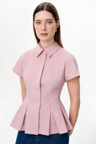 Exquise-Düşük Kol Pileli Zikzak Dikişli Slim Fit Pembe Gömlek-Gömlek-3-roqelvaxirum.shop