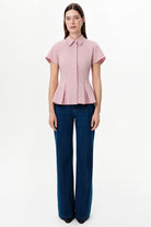 Exquise-Düşük Kol Pileli Zikzak Dikişli Slim Fit Pembe Gömlek-Gömlek-5-roqelvaxirum.shop