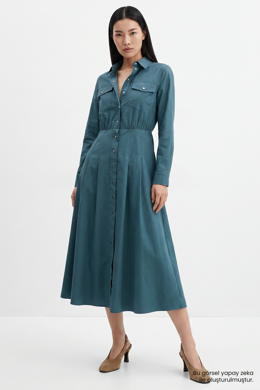 Exquise-Pileli Uzun Kollu Regular Midi Gömlek Koyu Yeşil Elbise-Elbise-1-roqelvaxirum.shop