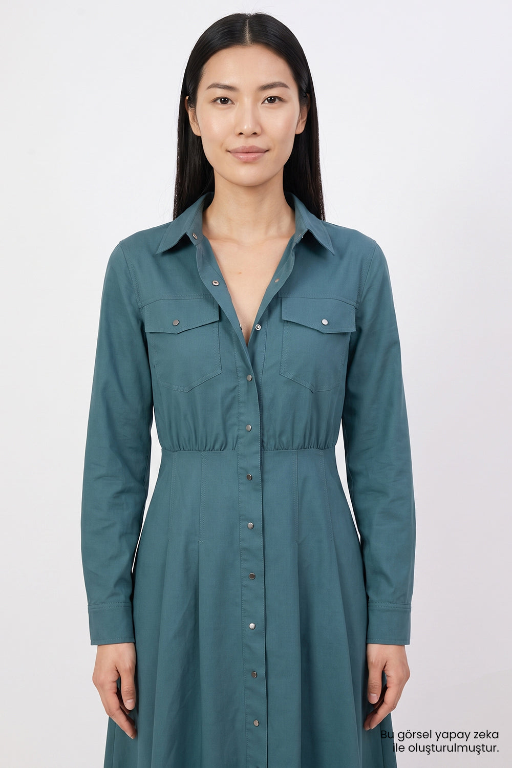 Exquise-Pileli Uzun Kollu Regular Midi Gömlek Koyu Yeşil Elbise-Elbise-2-roqelvaxirum.shop