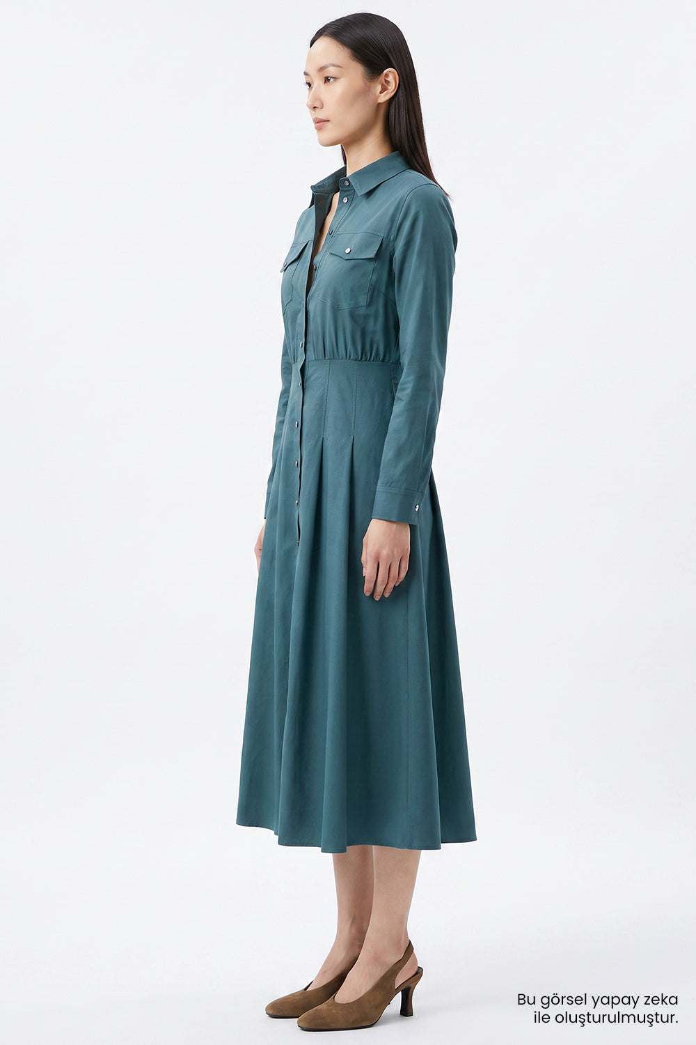 Exquise-Pileli Uzun Kollu Regular Midi Gömlek Koyu Yeşil Elbise-Elbise-3-roqelvaxirum.shop