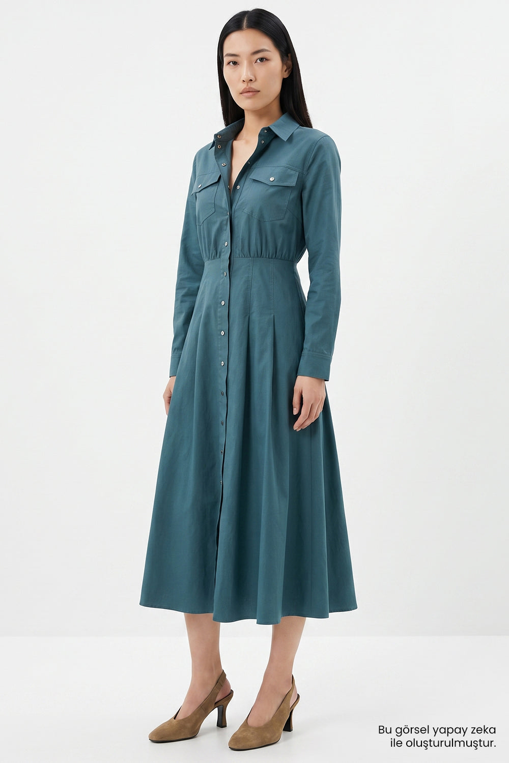 Exquise-Pileli Uzun Kollu Regular Midi Gömlek Koyu Yeşil Elbise-Elbise-5-roqelvaxirum.shop