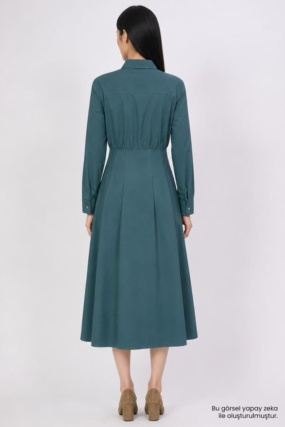 Exquise-Pileli Uzun Kollu Regular Midi Gömlek Koyu Yeşil Elbise-Elbise-6-roqelvaxirum.shop