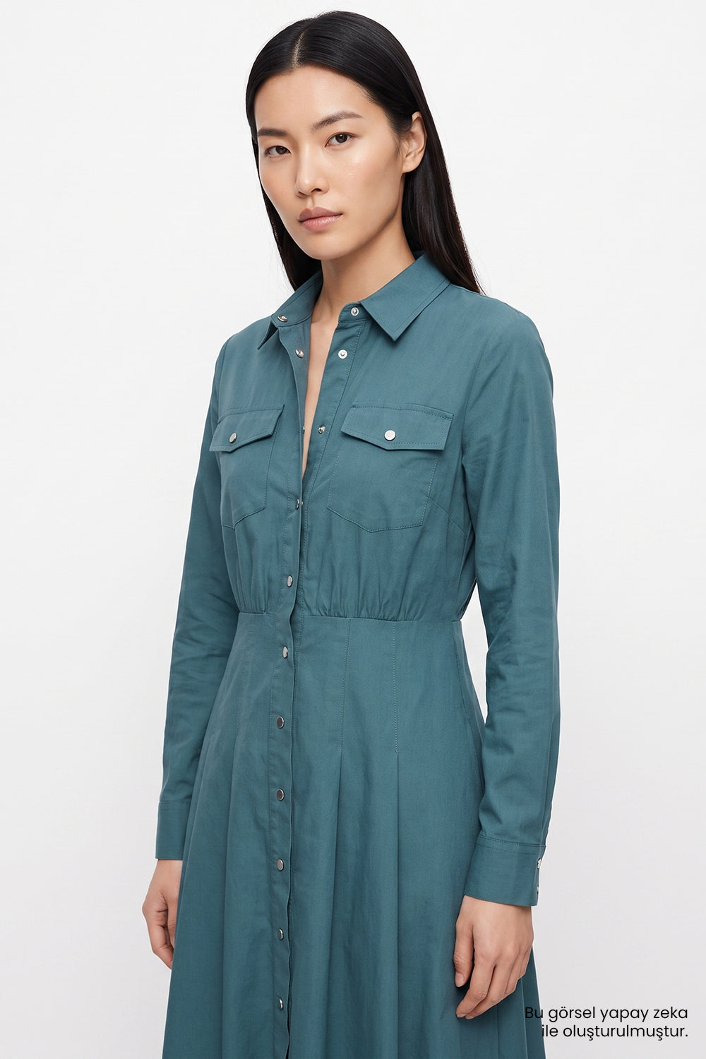 Exquise-Pileli Uzun Kollu Regular Midi Gömlek Koyu Yeşil Elbise-Elbise-7-roqelvaxirum.shop