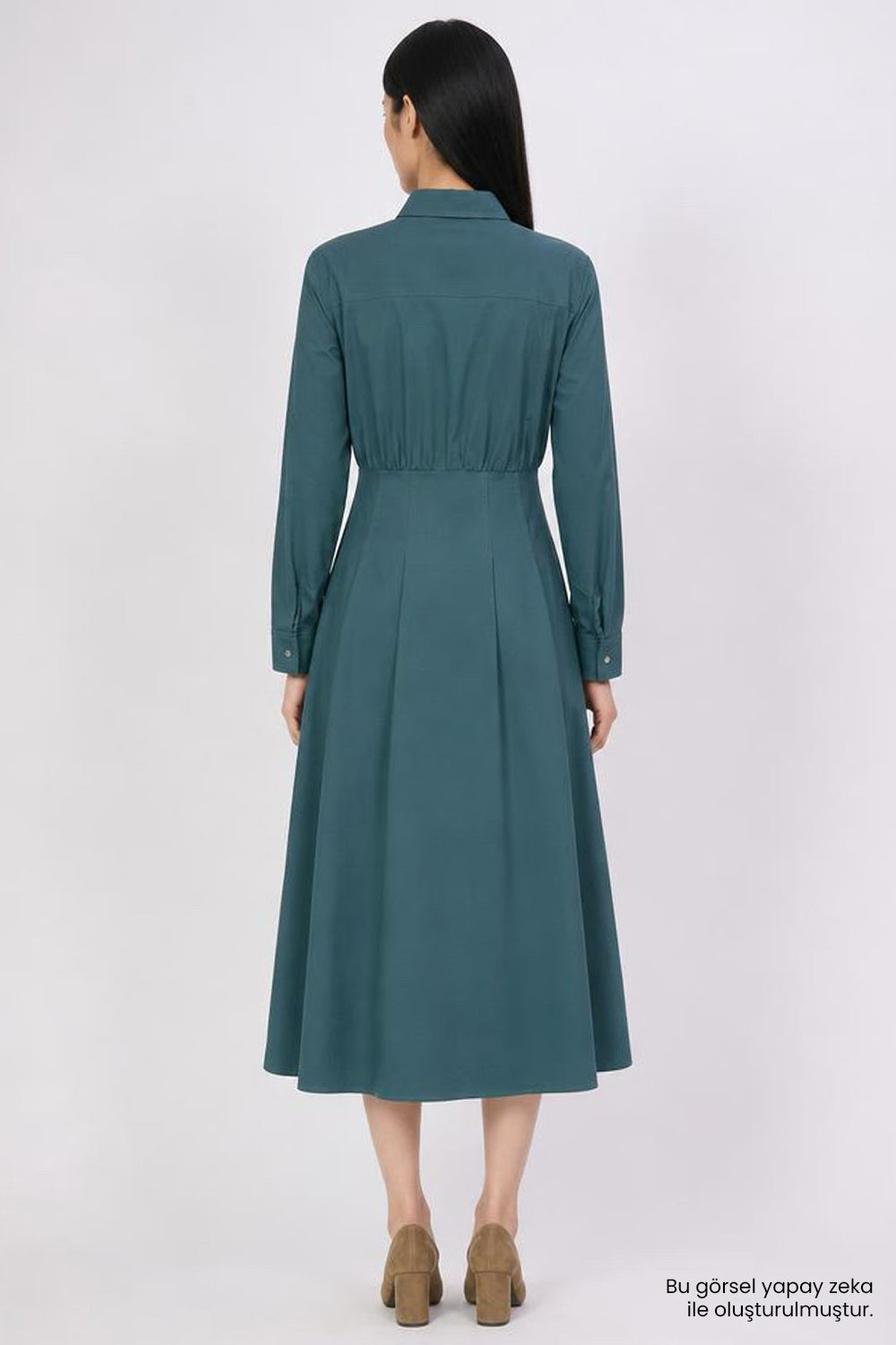 Exquise-Pileli Uzun Kollu Regular Midi Gömlek Koyu Yeşil Elbise-Elbise-9-roqelvaxirum.shop