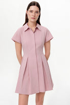 Exquise-Reglan Kol Pileli Mini Regular Elbise – Pembe-Elbise-3-roqelvaxirum.shop